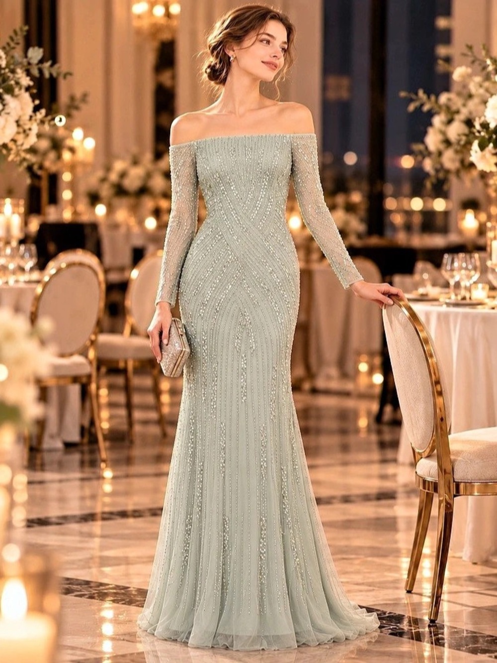 Adrianna Papell Sage Green Sequin Beaded Off Shoulder Evening Gown Size